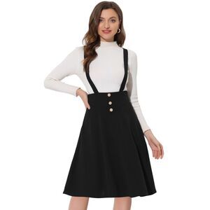 Women's High Waist Overall Dress Button Decor Flared Midi Suspender Skirt Black
